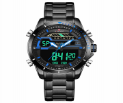 NAVIFORCE NF9133 Black Stainless Steel Dual Time Wrist Watch For Men - Blue & Black