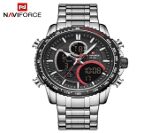 NAVIFORCE NF9182 Silver Stainless Steel Dual Time Wrist Watch For Men - Black & Silver