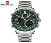 NAVIFORCE NF9182 Silver Stainless Steel Dual Time Wrist Watch For Men - Green & Silver