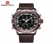 NAVIFORCE NF9153 Dark Brown PU Leather Dual Time Wrist Watch For Men - Bronze & Dark Brown