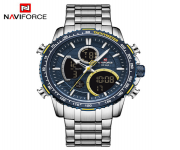 NAVIFORCE NF9182 Silver Stainless Steel Dual Time Wrist Watch - Men's Royal Blue and Silver Design