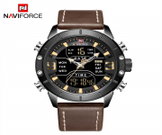 NAVIFORCE NF9153 Chocolate PU Leather Dual Time Wrist Watch For Men - Black & Chocolate