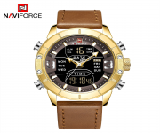 NAVIFORCE NF9153 Brown PU Leather Dual Time Wrist Watch For Men - Golden & Brown