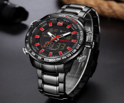 NAVIFORCE NF9093 Black Stainless Steel Dual Time Wrist Watch For Men - Red & Black