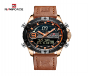 NAVIFORCE NF9146 Brown PU Leather Dual Time Wrist Watch For Men - RoseGold & Brown