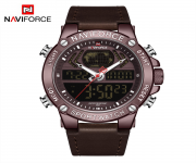 NAVIFORCE NF9164 Dark Brown PU Leather Dual Time Wrist Watch For Men - Bronze & Dark Brown