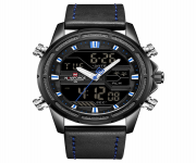 NAVIFORCE NF9138 Black PU Leather Dual Time Wrist Watch For Men - Blue & Black