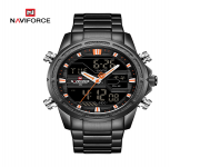 NAVIFORCE NF9138 Black Stainless Steel Dual Time Wrist Watch For Men - Orange & Black