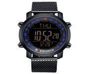NAVIFORCE NF9130 Black Mesh Stainless Steel LED Pedometer Digital Wrist Watch For Men - Blue & Black