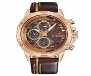 NAVIFORCE NF9110 Brown PU Leather Chronograph Watch For Men - Brown & Gold