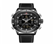 NAVIFORCE NF9153 Black PU Leather Dual Time Wrist Watch For Men - Black