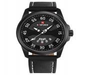 NAVIFORCE NF9124 with day date Black PU Leather Analog Watch For Men - White & Black
