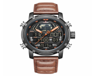 NAVIFORCE NF9160 Brown PU Leather Dual Time Wrist Watch For Men - Orange and Brown