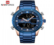 NAVIFORCE NF9138 with day date Blue Stainless Steel Dual Time Wrist Watch For Men - Blue & RoseGold