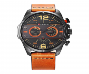 CURREN 8259 Brown PU Leather Decorative Sub-dial Watch For Men - Black & Orange