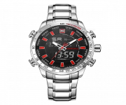 Silver and Red NF9093: The Ultimate Stainless Steel Dual Display Wrist Watch for Men