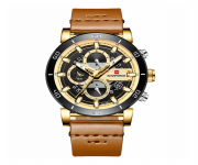 NAVIFORCE NF9131 Brown PU Leather Chronograph Watch For Men - Golden & Brown