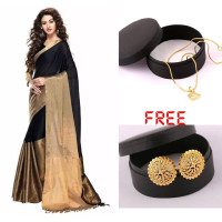 Originals Black and Golden Silk Saree for Women With Pendant Free