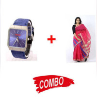 Pink Haf Silk Saree For Women  + TAITAN Leather Analog Watch  For Men