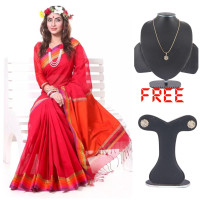 Red Cotton Saree For Women With (Pendant Free)