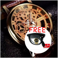 Men's Watch Analog Skeleton & Gold Dial  Mechanical And  Ray-Ban  Folding sunglass