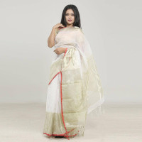 White And Golden Silk Zori Saree For Women