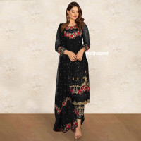 Gorgeous Black Colored Partywear Embroidered Georgette Pant Style Kashmiri Suit