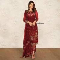 Gorgeous Colored Partywear Embroidered Georgette Pant Style Kashmiri Suit