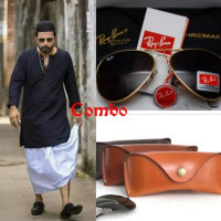 Fashionable and Comfortable White Cotton Old Twon Lungi & Ray-Ban Golden & Black Sunglasses for Men (Box Free)